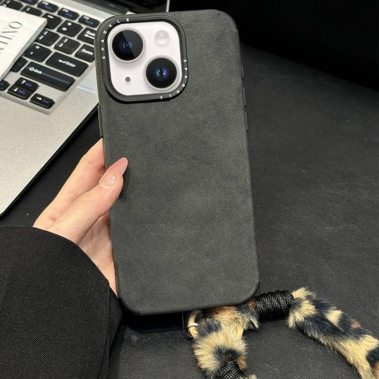 Custodia per telefono in TPU effetto pelle scamosciata con cordino di peluche a forma di coniglio stampato., For iPhone 15 Plus / 14 Plus, For iPhone 15, For iPhone 14, For iPhone 14 Pro