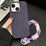Custodia per telefono in TPU effetto pelle scamosciata con cordino di peluche a forma di coniglio stampato., For iPhone 15 Plus / 14 Plus, For iPhone 15, For iPhone 14, For iPhone 14 Pro