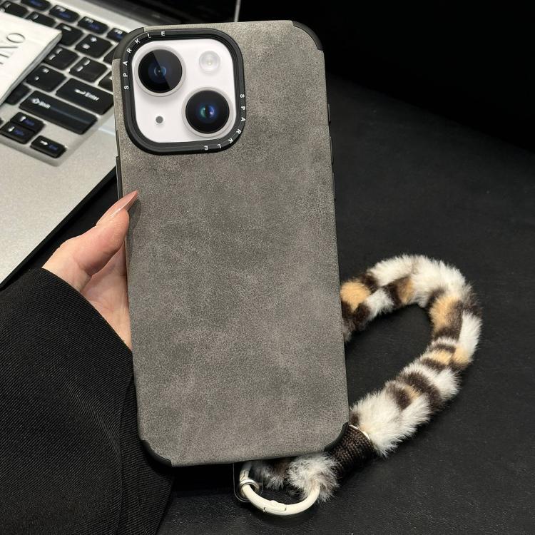 Custodia per telefono in TPU effetto pelle scamosciata con cordino di peluche a forma di coniglio stampato., For iPhone 15 Plus / 14 Plus, For iPhone 15, For iPhone 14, For iPhone 14 Pro