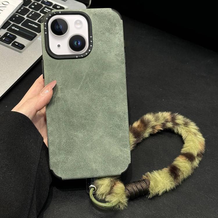 Custodia per telefono in TPU effetto pelle scamosciata con cordino di peluche a forma di coniglio stampato., For iPhone 15 Plus / 14 Plus, For iPhone 15, For iPhone 14, For iPhone 14 Pro