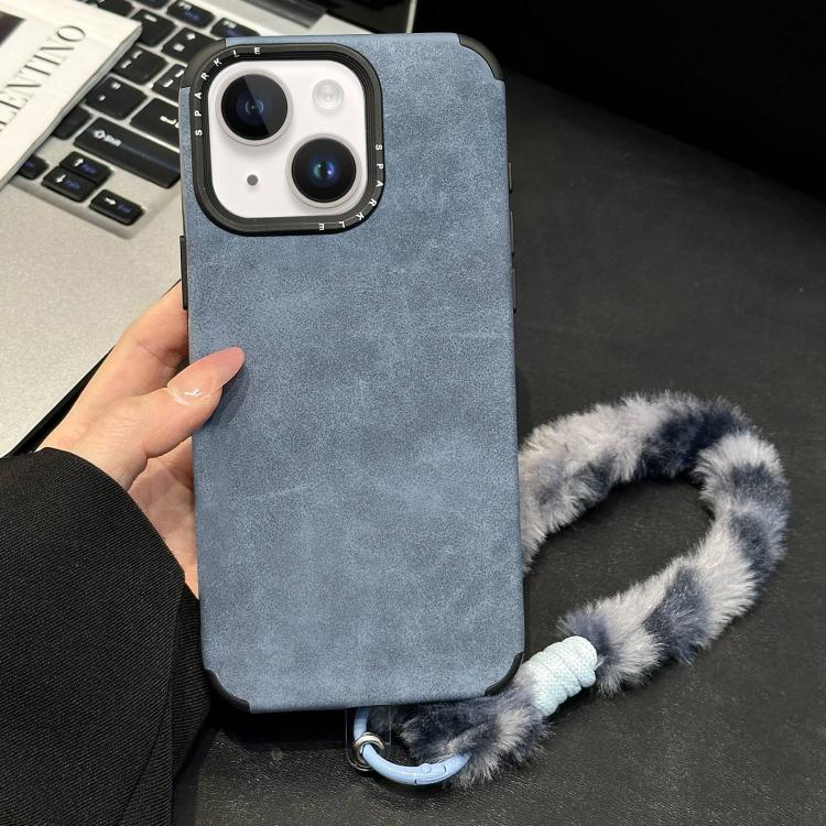 Custodia per telefono in TPU effetto pelle scamosciata con cordino di peluche a forma di coniglio stampato., For iPhone 15 Plus / 14 Plus, For iPhone 15, For iPhone 14, For iPhone 14 Pro