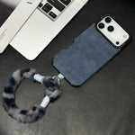 Custodia per telefono in TPU effetto pelle scamosciata con cordino di peluche a forma di coniglio stampato., For iPhone 15 Plus / 14 Plus, For iPhone 15, For iPhone 14, For iPhone 14 Pro
