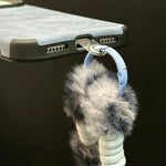 Custodia per telefono in TPU effetto pelle scamosciata con cordino di peluche a forma di coniglio stampato., For iPhone 15 Plus / 14 Plus, For iPhone 15, For iPhone 14, For iPhone 14 Pro