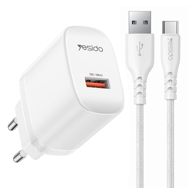 Set caricabatterie Yesido da 18 W con interfaccia USB singola e cavo da USB a Type-C., EU Plug, UK Plug, US Plug