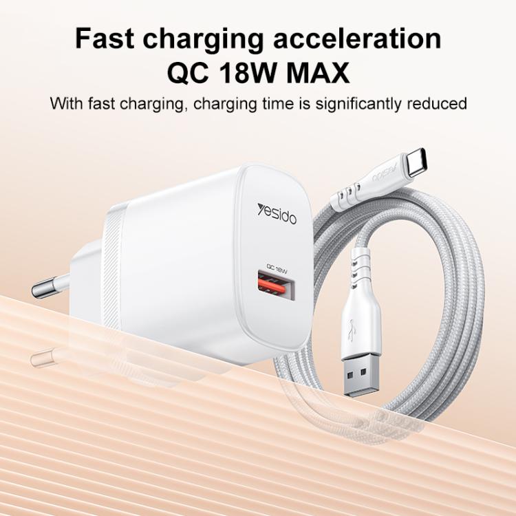 Set caricabatterie Yesido da 18 W con interfaccia USB singola e cavo da USB a Type-C., EU Plug, UK Plug, US Plug