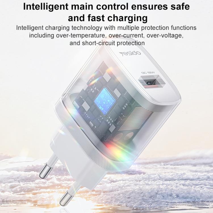 Set caricabatterie Yesido da 18 W con interfaccia USB singola e cavo da USB a Type-C., EU Plug, UK Plug, US Plug
