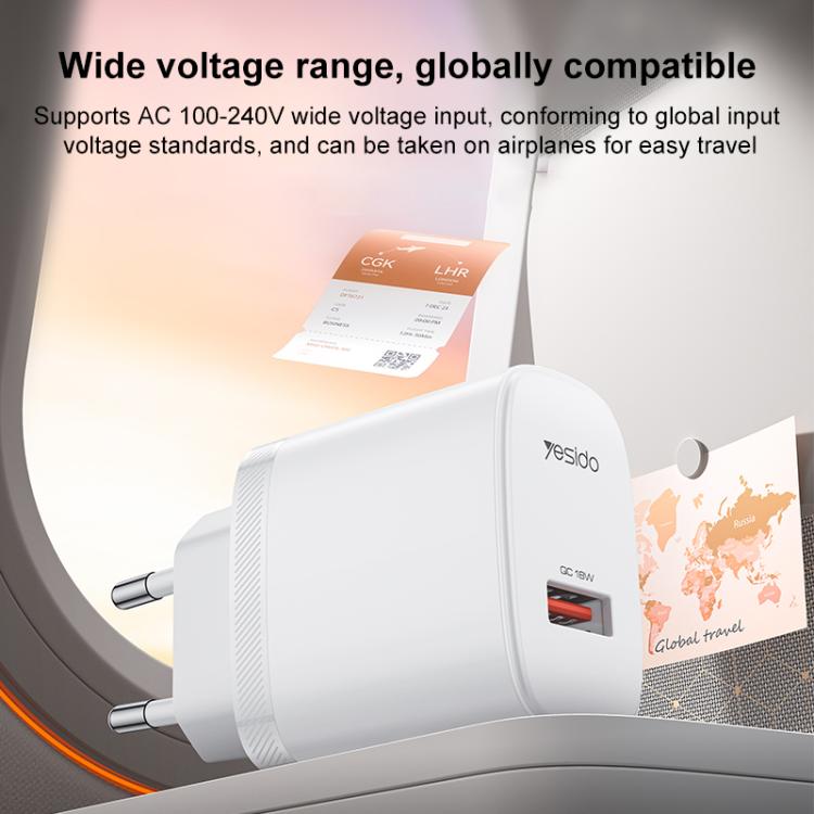 Set caricabatterie Yesido da 18 W con interfaccia USB singola e cavo da USB a Type-C., EU Plug, UK Plug, US Plug
