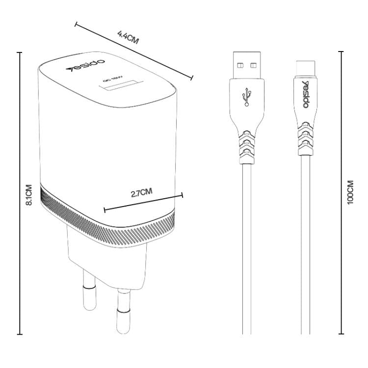 Set caricabatterie Yesido da 18 W con interfaccia USB singola e cavo da USB a Type-C., EU Plug, UK Plug, US Plug