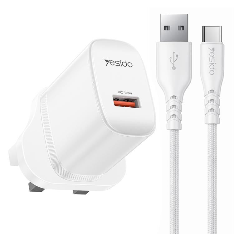 Set caricabatterie Yesido da 18 W con interfaccia USB singola e cavo da USB a Type-C., EU Plug, UK Plug, US Plug