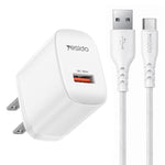Set caricabatterie Yesido da 18 W con interfaccia USB singola e cavo da USB a Type-C., EU Plug, UK Plug, US Plug