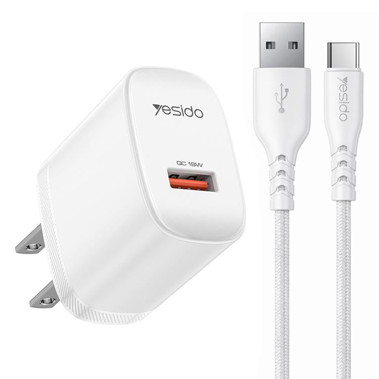 Set caricabatterie Yesido da 18 W con interfaccia USB singola e cavo da USB a Type-C., EU Plug, UK Plug, US Plug