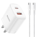 Set di caricabatterie Yesido YC19U con doppia porta USB-C/Type-C da 20 W (PD20W) e USB-A da 18 W (QC18W), completo di cavo da Type-C a Type-C., YC19U