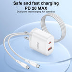 Set di caricabatterie Yesido YC19U con doppia porta USB-C/Type-C da 20 W (PD20W) e USB-A da 18 W (QC18W), completo di cavo da Type-C a Type-C., YC19U