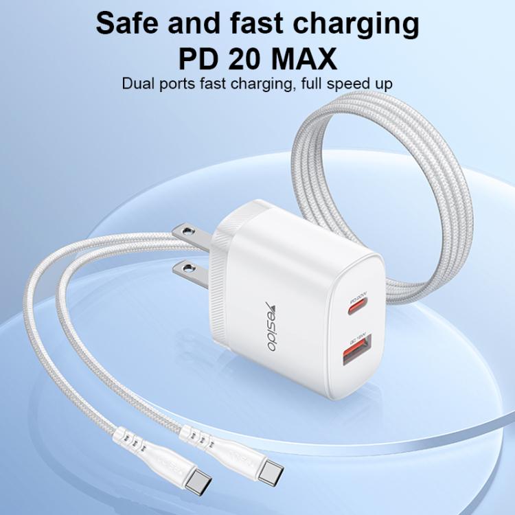Set di caricabatterie Yesido YC19U con doppia porta USB-C/Type-C da 20 W (PD20W) e USB-A da 18 W (QC18W), completo di cavo da Type-C a Type-C., YC19U