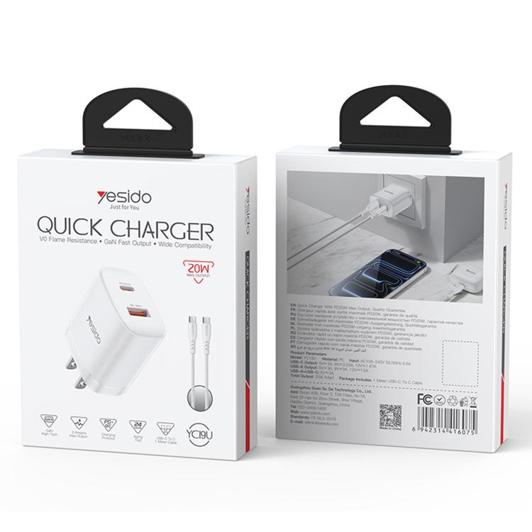 Set di caricabatterie Yesido YC19U con doppia porta USB-C/Type-C da 20 W (PD20W) e USB-A da 18 W (QC18W), completo di cavo da Type-C a Type-C., YC19U