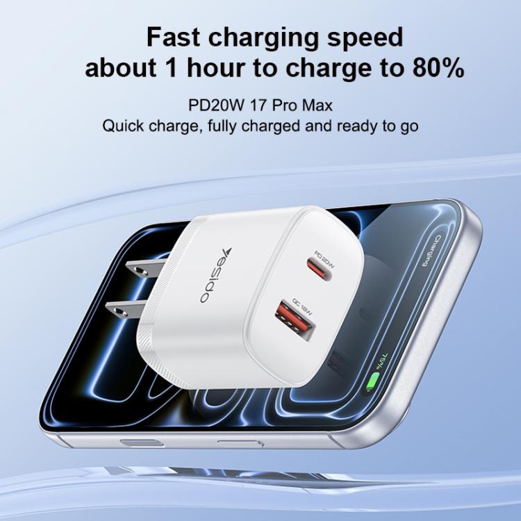 Set di caricabatterie Yesido YC19U con doppia porta USB-C/Type-C da 20 W (PD20W) e USB-A da 18 W (QC18W), completo di cavo da Type-C a Type-C., YC19U