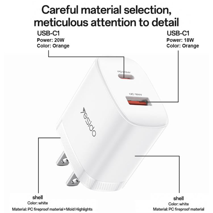 Set di caricabatterie Yesido YC19U con doppia porta USB-C/Type-C da 20 W (PD20W) e USB-A da 18 W (QC18W), completo di cavo da Type-C a Type-C., YC19U