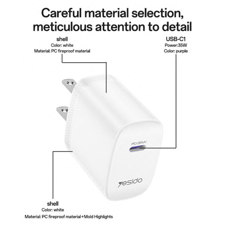 Set di caricabatterie rapido Yesido YC20U PD35W con porta singola USB-C/Type-C e cavo da Type-C a Type-C., YC20U
