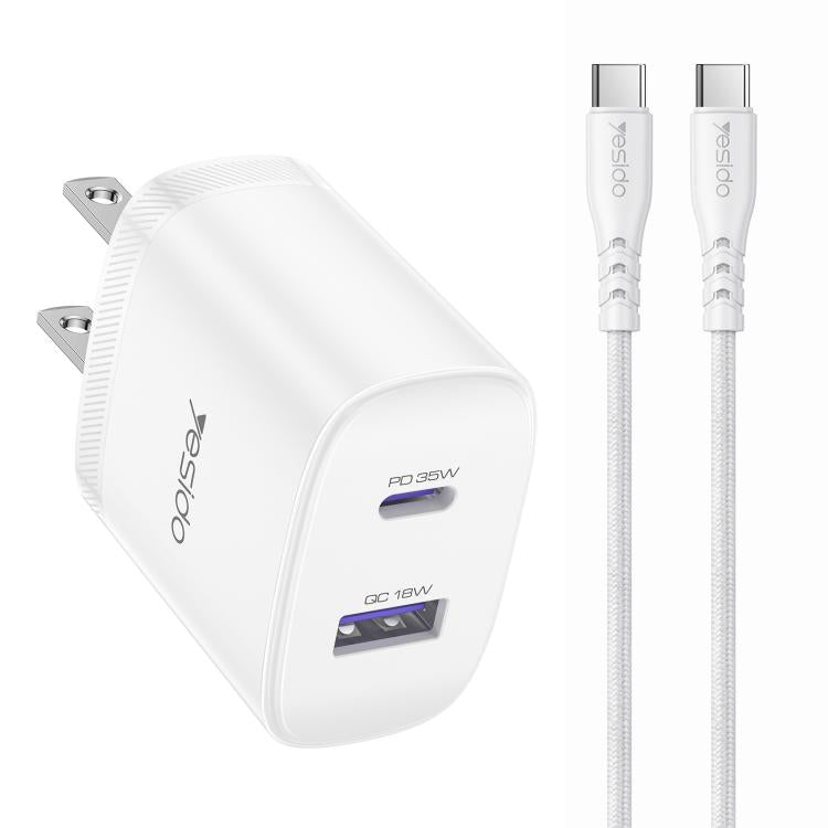 Kit caricabatterie rapido Yesido PD35W Type-C, USB con cavo da Type-C a Type-C, US Plug, EU Plug, UK Plug