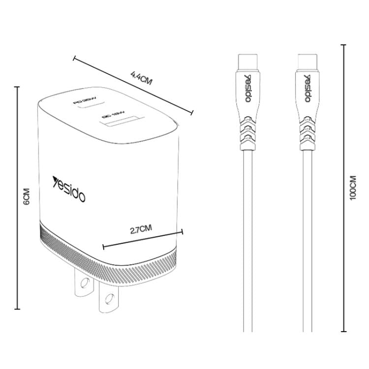 Kit caricabatterie rapido Yesido PD35W Type-C, USB con cavo da Type-C a Type-C, US Plug, EU Plug, UK Plug