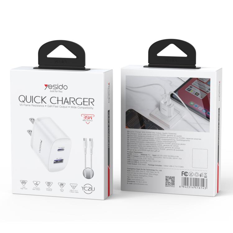 Kit caricabatterie rapido Yesido PD35W Type-C, USB con cavo da Type-C a Type-C, US Plug, EU Plug, UK Plug