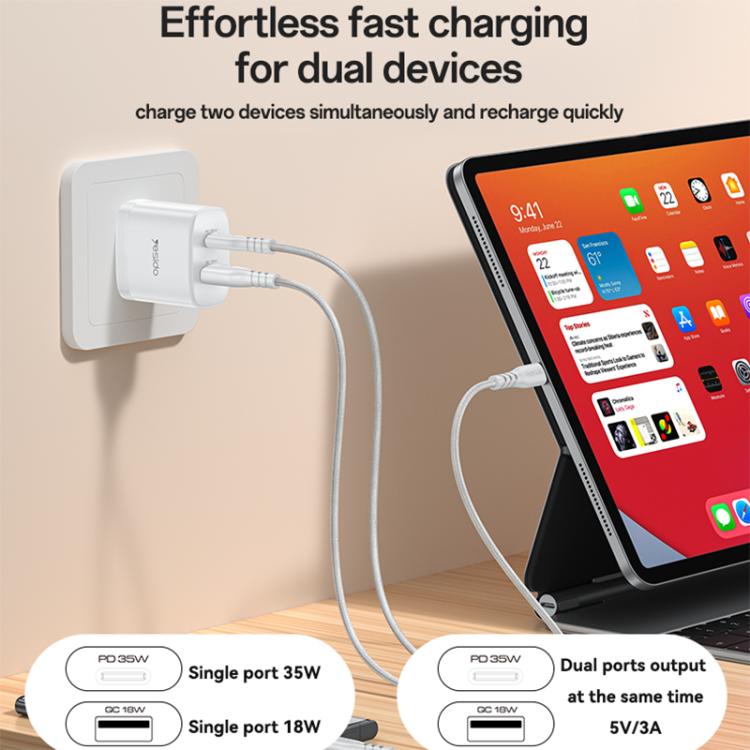 Kit caricabatterie rapido Yesido PD35W Type-C, USB con cavo da Type-C a Type-C, US Plug, EU Plug, UK Plug