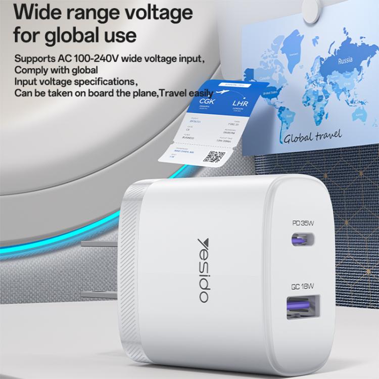 Kit caricabatterie rapido Yesido PD35W Type-C, USB con cavo da Type-C a Type-C, US Plug, EU Plug, UK Plug