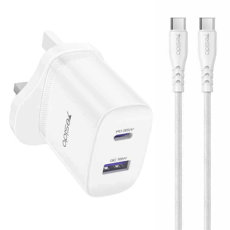 Kit caricabatterie rapido Yesido PD35W Type-C, USB con cavo da Type-C a Type-C, US Plug, EU Plug, UK Plug