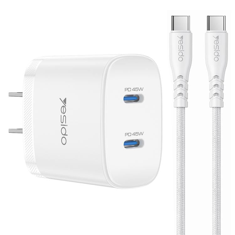 Kit caricabatterie rapido doppio Yesido PD45W Type-C con cavo da Type-C a Type-C, US Plug, EU Plug, UK Plug