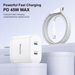 Kit caricabatterie rapido doppio Yesido PD45W Type-C con cavo da Type-C a Type-C, US Plug, EU Plug, UK Plug