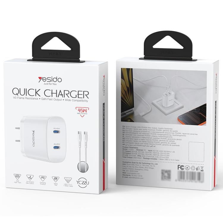 Kit caricabatterie rapido doppio Yesido PD45W Type-C con cavo da Type-C a Type-C, US Plug, EU Plug, UK Plug