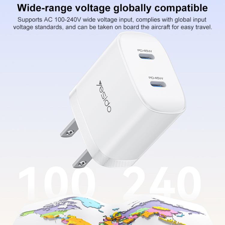 Kit caricabatterie rapido doppio Yesido PD45W Type-C con cavo da Type-C a Type-C, US Plug, EU Plug, UK Plug