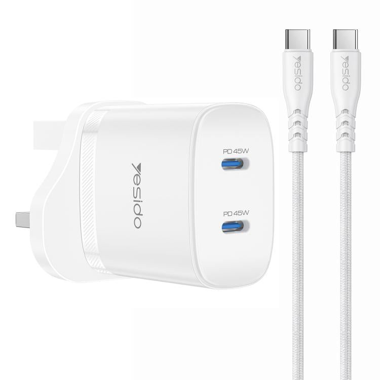 Kit caricabatterie rapido doppio Yesido PD45W Type-C con cavo da Type-C a Type-C, US Plug, EU Plug, UK Plug