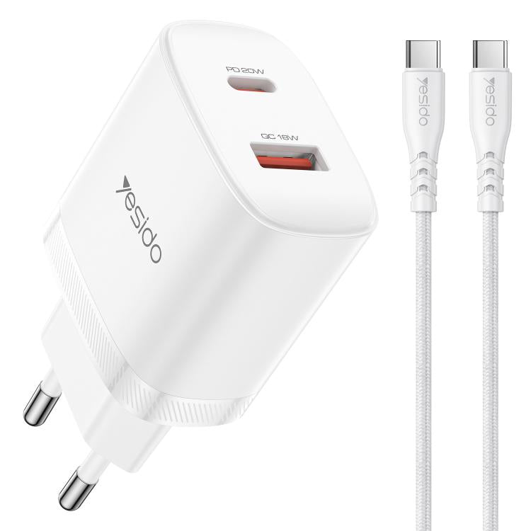 Set di caricabatterie Yesido YC106 con doppia porta USB-C/Type-C da 20 W (PD) e USB-A da 18 W (QC), completo di cavo da Type-C a Type-C., YC106