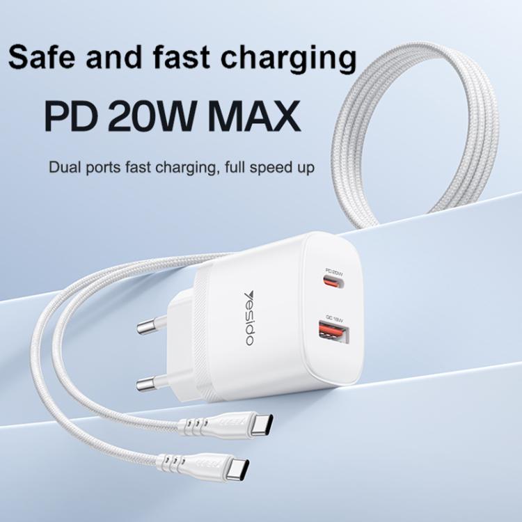 Set di caricabatterie Yesido YC106 con doppia porta USB-C/Type-C da 20 W (PD) e USB-A da 18 W (QC), completo di cavo da Type-C a Type-C., YC106