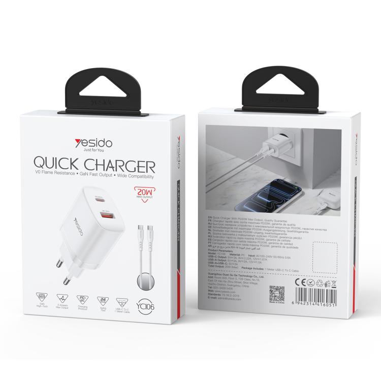 Set di caricabatterie Yesido YC106 con doppia porta USB-C/Type-C da 20 W (PD) e USB-A da 18 W (QC), completo di cavo da Type-C a Type-C., YC106
