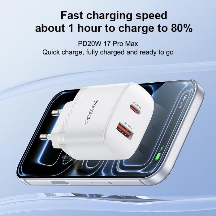 Set di caricabatterie Yesido YC106 con doppia porta USB-C/Type-C da 20 W (PD) e USB-A da 18 W (QC), completo di cavo da Type-C a Type-C., YC106