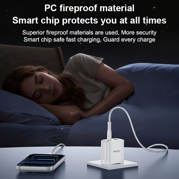Set di caricabatterie Yesido YC106 con doppia porta USB-C/Type-C da 20 W (PD) e USB-A da 18 W (QC), completo di cavo da Type-C a Type-C., YC106