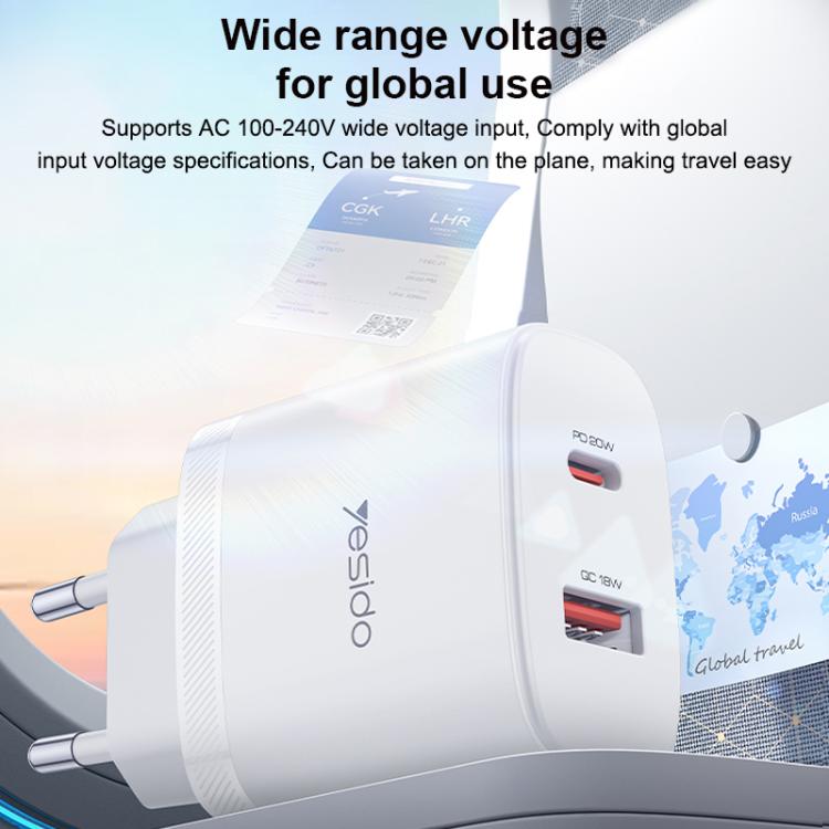 Set di caricabatterie Yesido YC106 con doppia porta USB-C/Type-C da 20 W (PD) e USB-A da 18 W (QC), completo di cavo da Type-C a Type-C., YC106