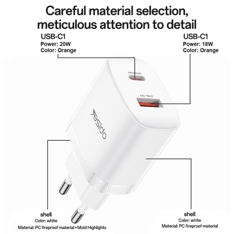 Set di caricabatterie Yesido YC106 con doppia porta USB-C/Type-C da 20 W (PD) e USB-A da 18 W (QC), completo di cavo da Type-C a Type-C., YC106