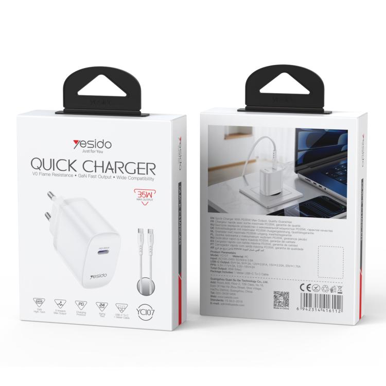 Set di caricabatterie rapido Yesido YC107 PD35W con porta singola USB-C/Type-C e cavo da Type-C a Type-C., YC107