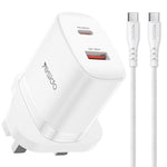 Set di caricabatterie Yesido YC152 con doppia porta USB-C/Type-C da 20 W e USB-A QC18 W, completo di cavo da Type-C a Type-C., YC152