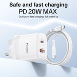 Set di caricabatterie Yesido YC152 con doppia porta USB-C/Type-C da 20 W e USB-A QC18 W, completo di cavo da Type-C a Type-C., YC152