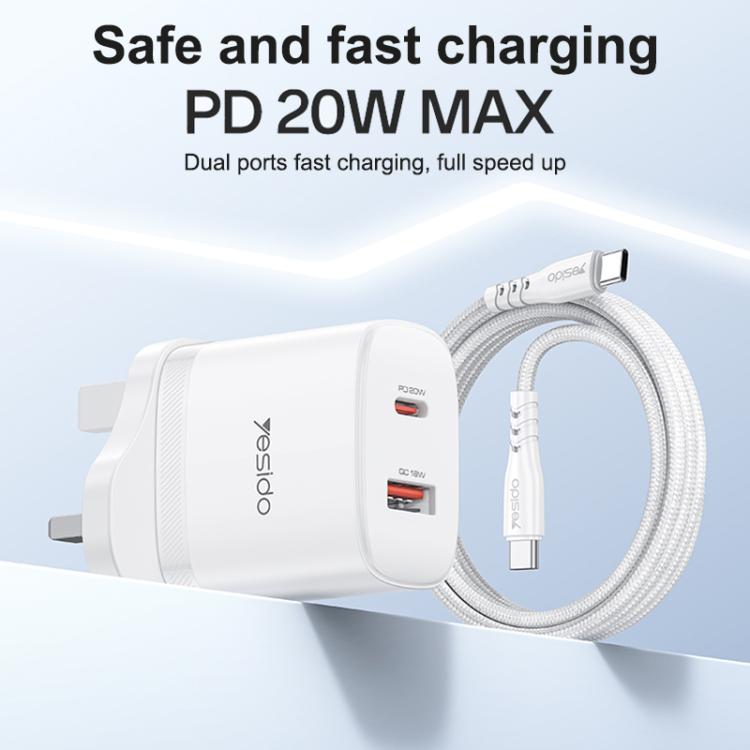 Set di caricabatterie Yesido YC152 con doppia porta USB-C/Type-C da 20 W e USB-A QC18 W, completo di cavo da Type-C a Type-C., YC152