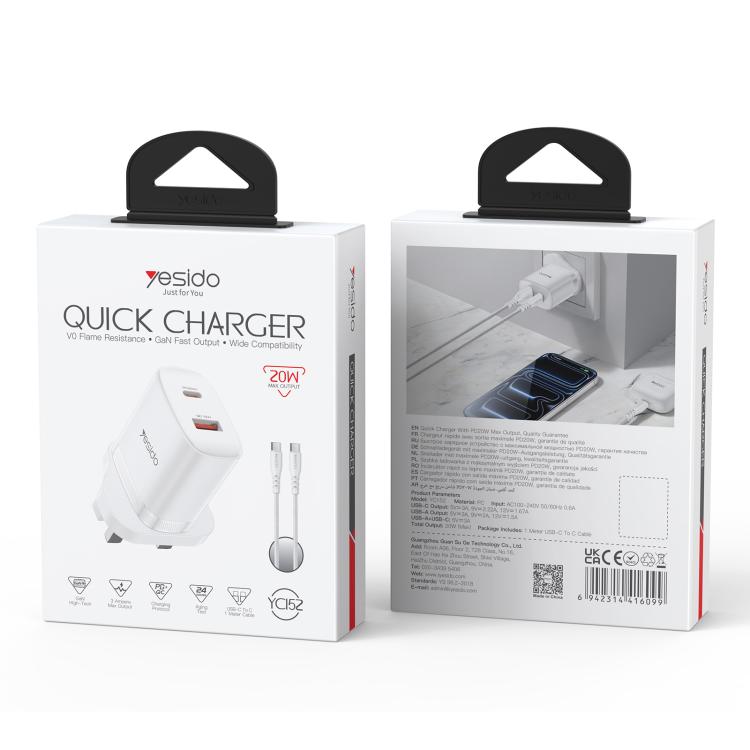 Set di caricabatterie Yesido YC152 con doppia porta USB-C/Type-C da 20 W e USB-A QC18 W, completo di cavo da Type-C a Type-C., YC152