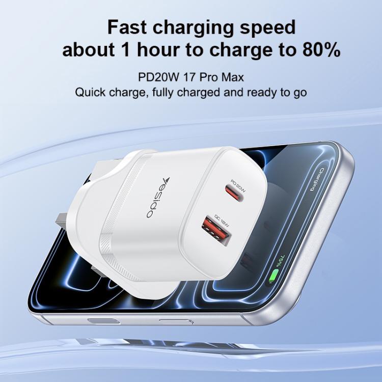 Set di caricabatterie Yesido YC152 con doppia porta USB-C/Type-C da 20 W e USB-A QC18 W, completo di cavo da Type-C a Type-C., YC152