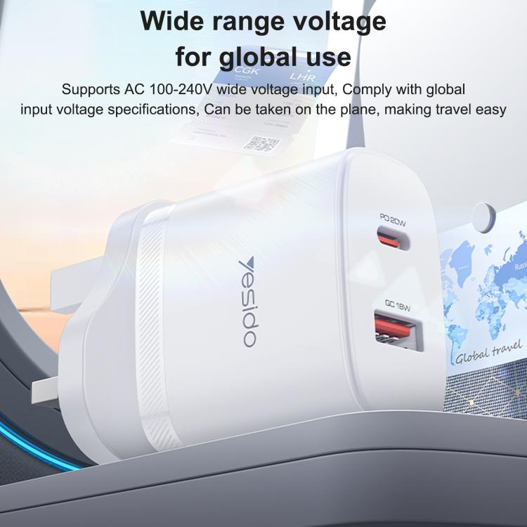 Set di caricabatterie Yesido YC152 con doppia porta USB-C/Type-C da 20 W e USB-A QC18 W, completo di cavo da Type-C a Type-C., YC152