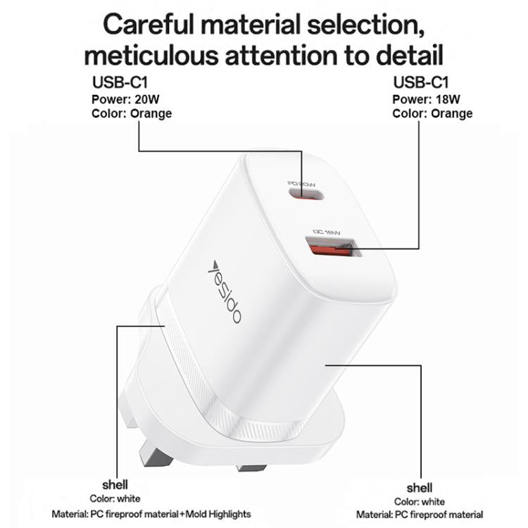 Set di caricabatterie Yesido YC152 con doppia porta USB-C/Type-C da 20 W e USB-A QC18 W, completo di cavo da Type-C a Type-C., YC152