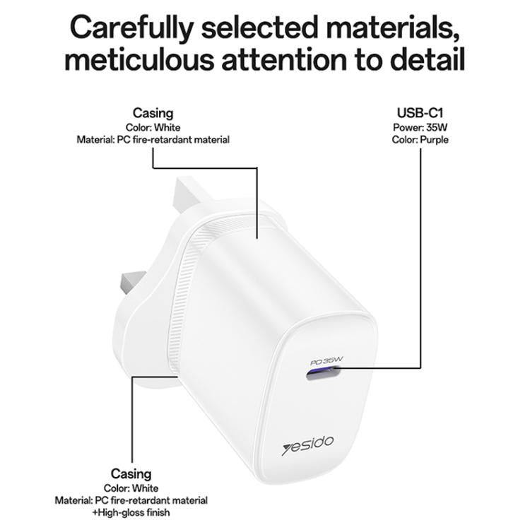 Set caricabatterie rapido Yesido YC153 PD35W a porta singola USB-C/Type-C con cavo da Type-C a Type-C., YC153