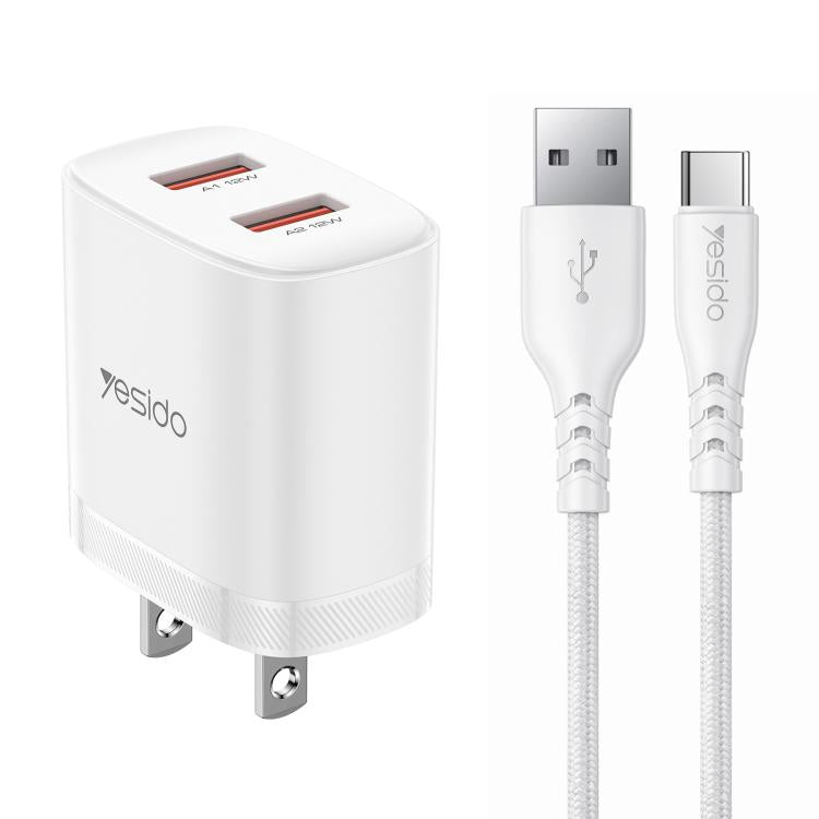 Set caricabatterie Yesido YC17U da 12 W 2,4 A con doppia porta USB e cavo dati da USB a Type-C da 1 m., YC17U